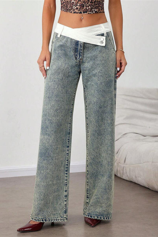 Washed Waist Panel Loose Wide Leg Versatile Jeans Grey / S