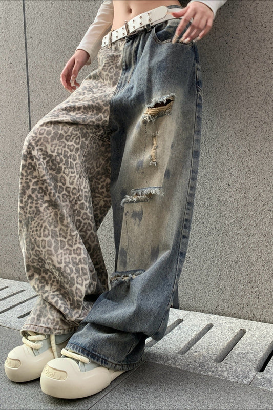 Jean large déchiré à imprimé léopard