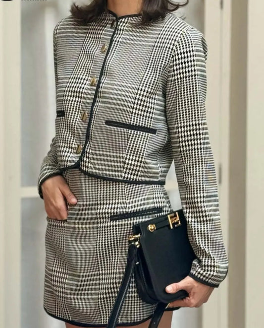 Ensemble deux pièces mini-bureau noir à imprimé col rond et poches