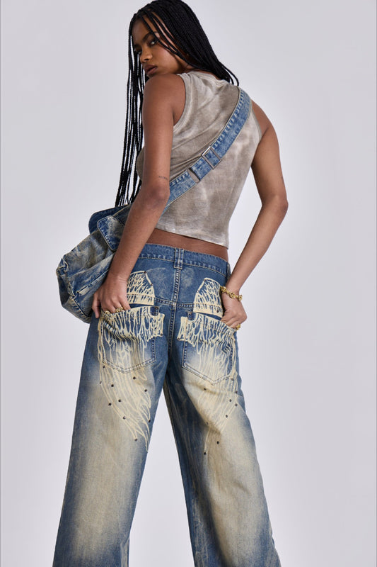Vintage Faded Wing Print Baggy Jeans