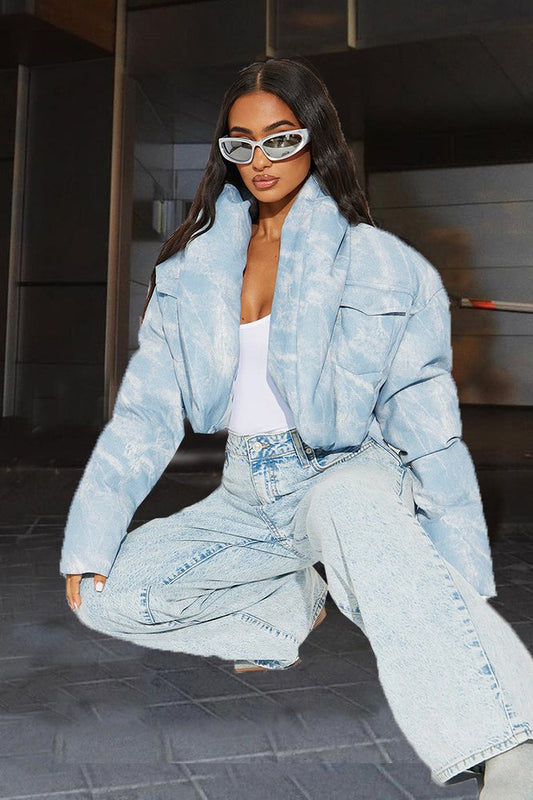 Printed Color Block Crop Quilted Puffer Jacket