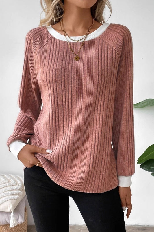 Ribbed Contrast Trim Crew Neck Knit Sweater