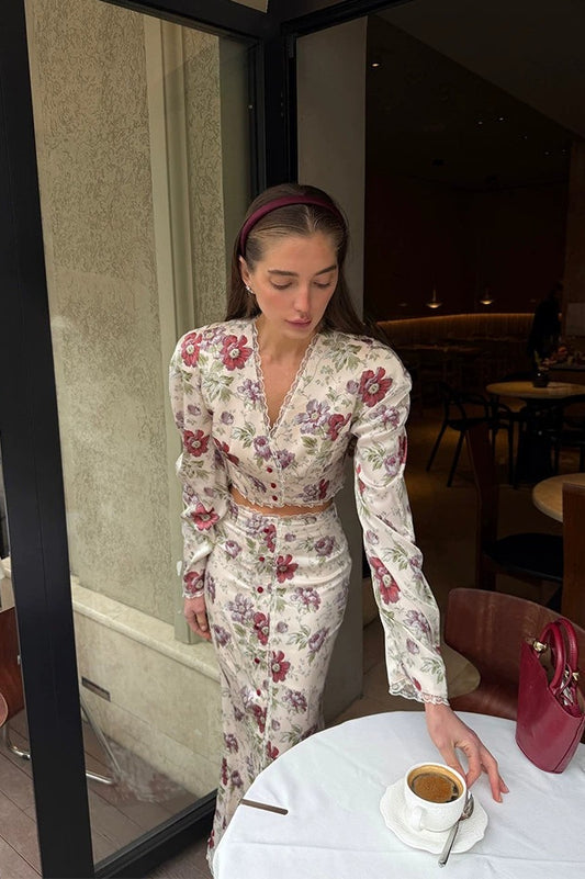 Floral V-Neck Long Sleeve Top & High-Slit Maxi Skirt Set
