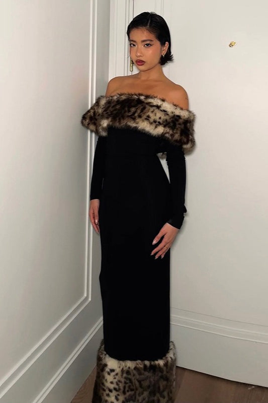 Robe longue moulante sexy à épaules dénudées et bordure en fourrure à imprimé léopard