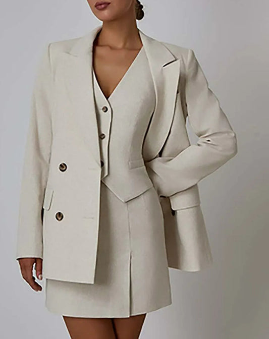 Ensemble deux pièces slim à manches longues et col en V pour le bureau, couleur abricot