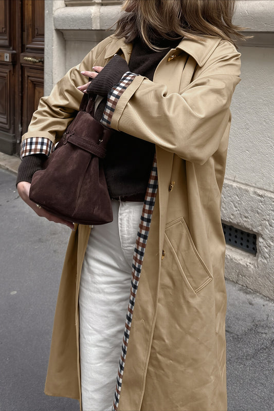 Check Trim Single Breasted Long Trench Coat