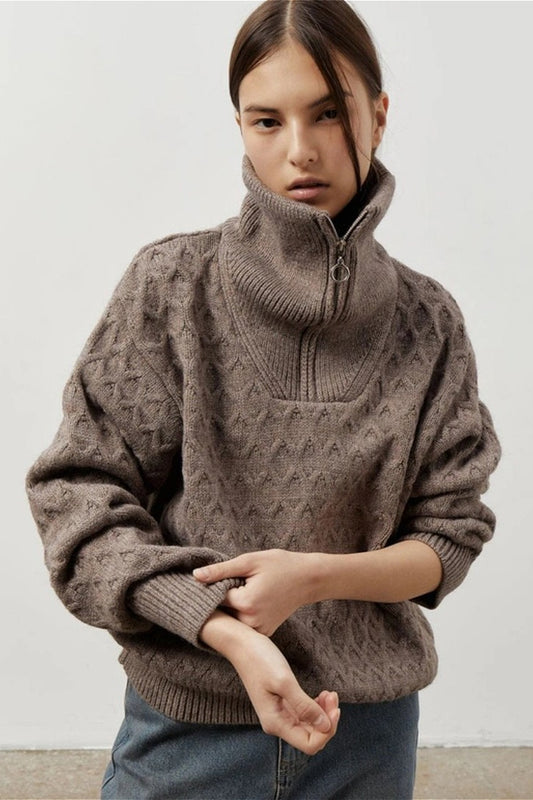 Pull vintage en maille épaisse à col montant et fermeture éclair