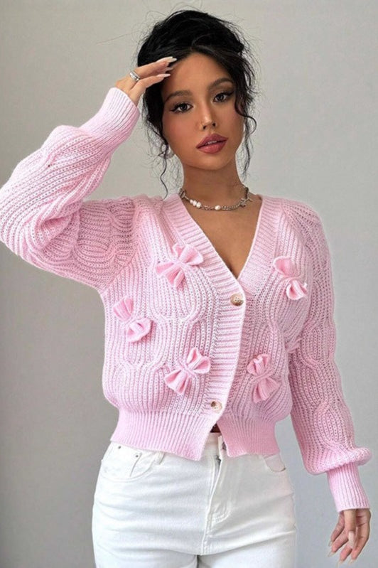 Solid Long-Sleeve Bow-Knot Knit Cardigan