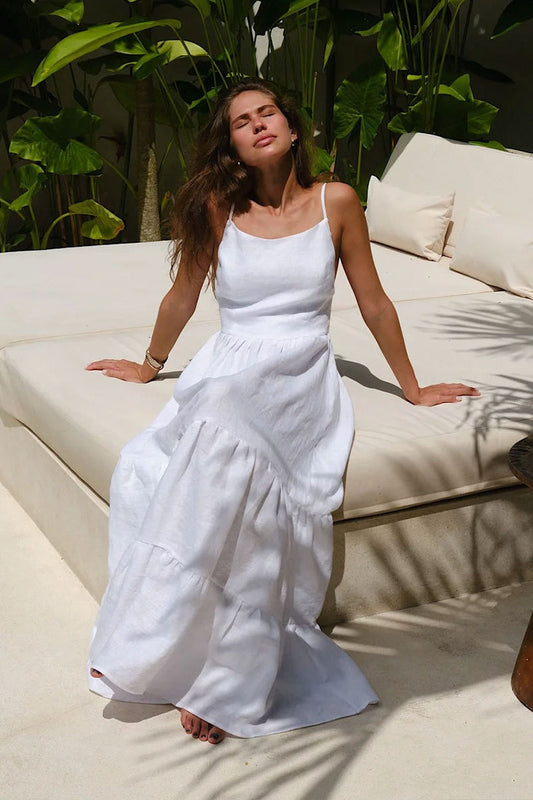 Robe longue dos nu à bretelles spaghetti et volants