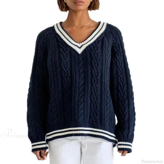 Cable Knit Loose Contrast Trim Streetwear Sweater Navy Blue / S