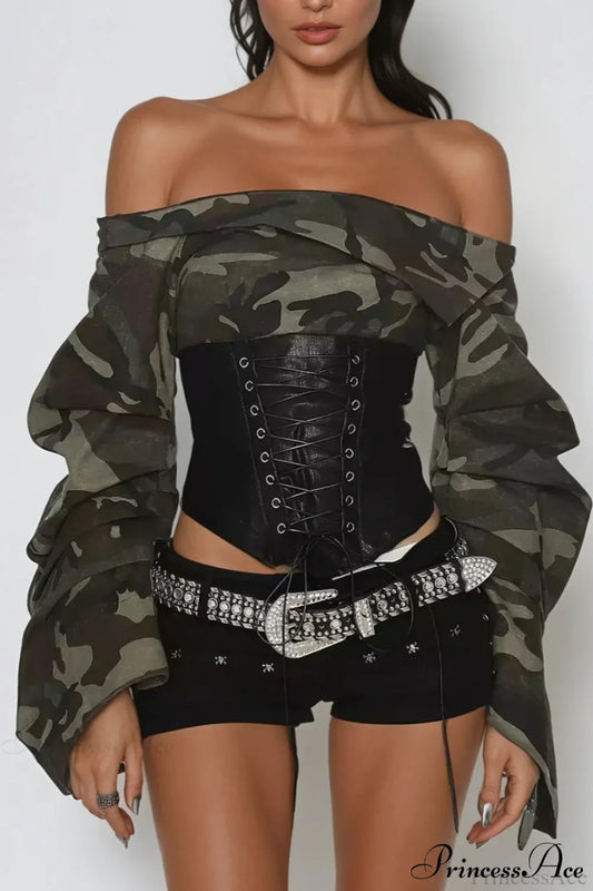 Camo Belted Off Shoulder Long Sleeve Crop Top Black / S
