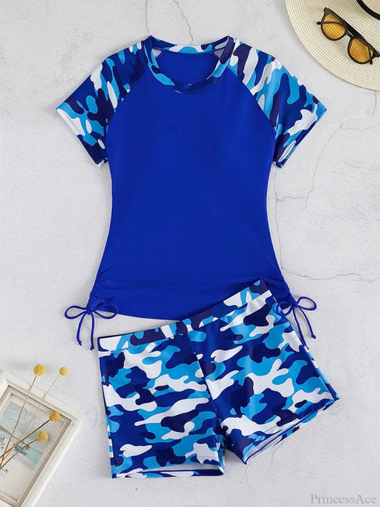 Camouflage Rash Guard Shorts Two Piece Set Blue / S