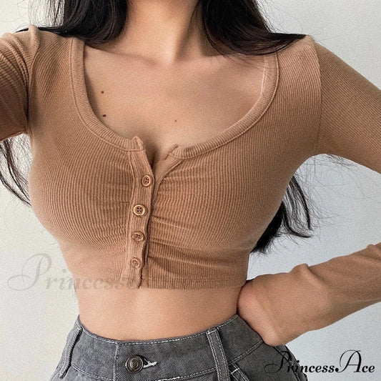 Cardigan V-Neck Solid Arm Women’s Long Slim Korean - Color Khaki / S