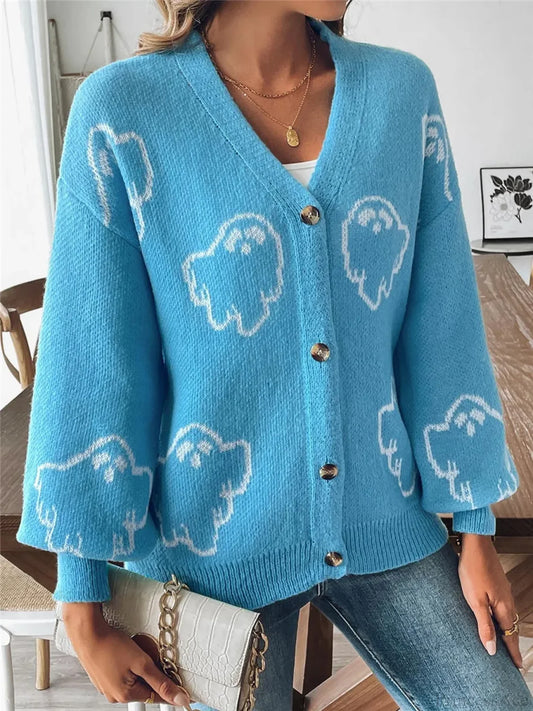 Cartoon Jacquard Halloween Button-up Cardigan SKY BLUE / S