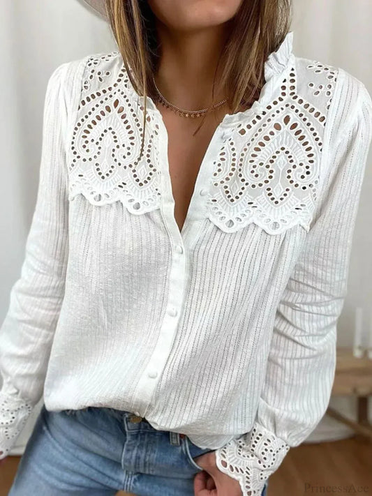 Casual Lace O-neck Loose Blouse WHITE / S blouse-250126