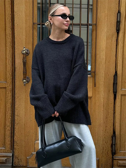 Casual Retro Long Sleeve Sweater Black / S