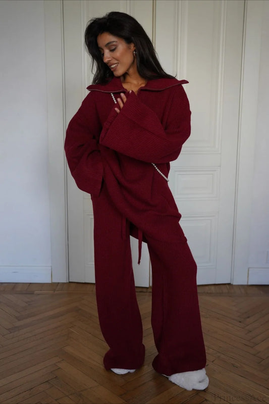 casual Solid Angora Red Half-Zip Knit Two Piece Set Red / S