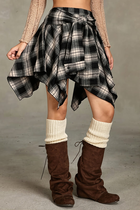 Plaid Layered Asymmetric Midi Skirt