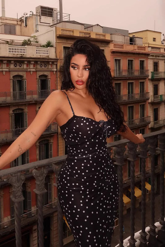 Robe longue moulante chic à pois