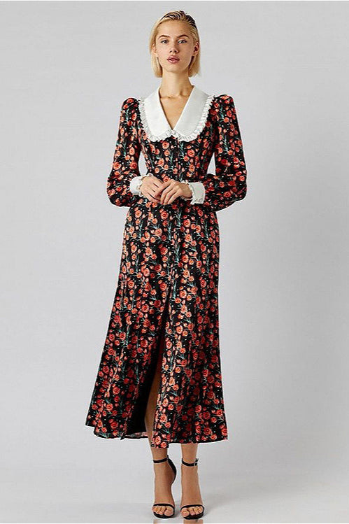 Collar Waist Cinched Stylish Floral Dress