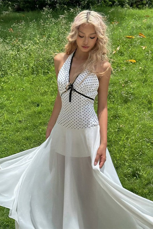 Robe longue dos nu à imprimé floral et pois