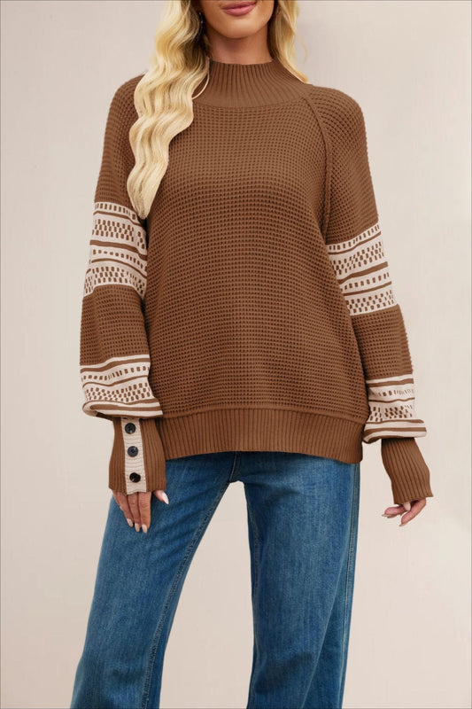 Color-Block Mock Neck Fashion Knit Sweater