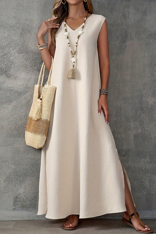 Robe longue élégante sans manches à col en V et fente latérale