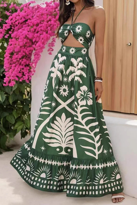 Robe longue imprimée à col licou et ceinture nouée