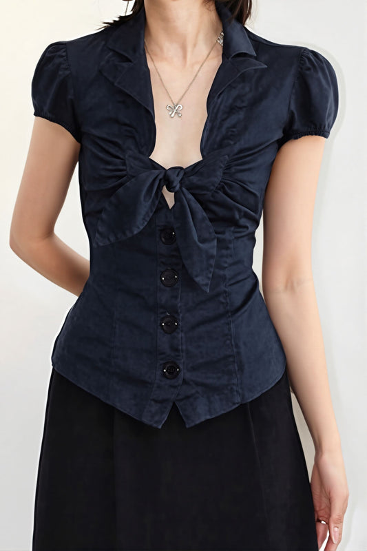 Commuter Preppy Bow Tie Button Down Blouse