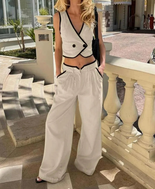 Ensemble deux pièces de bureau en coton kaki avec poches et pantalon