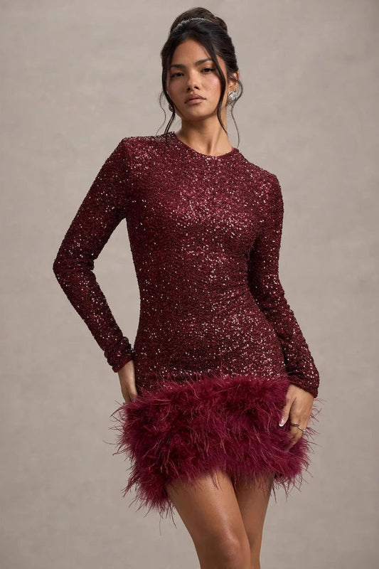 Chic Long Sleeve Crew Neck Solid Sequin Feather Sequin Dress