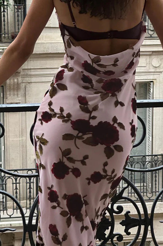 Robe longue moulante dos nu à imprimé roses
