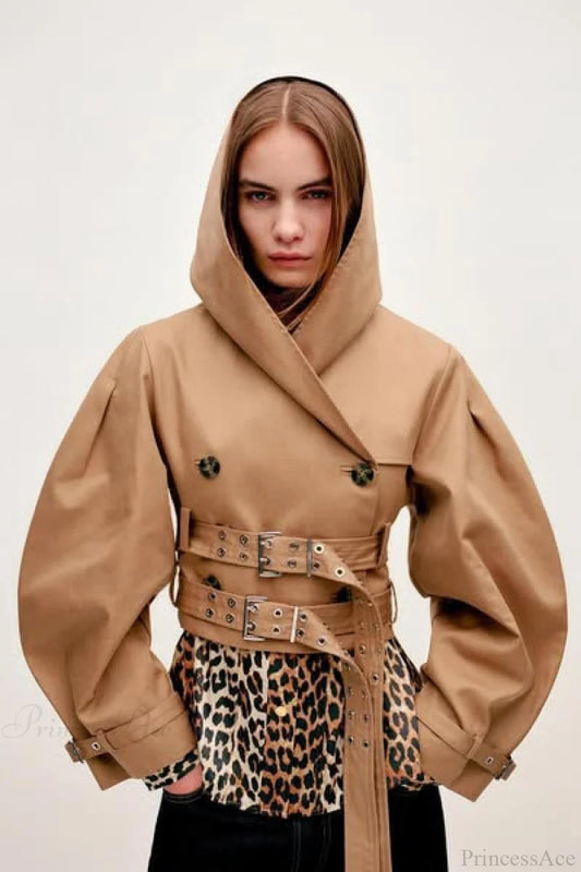 Chic Hooded Double Belted Cropped Coat Khaki / S