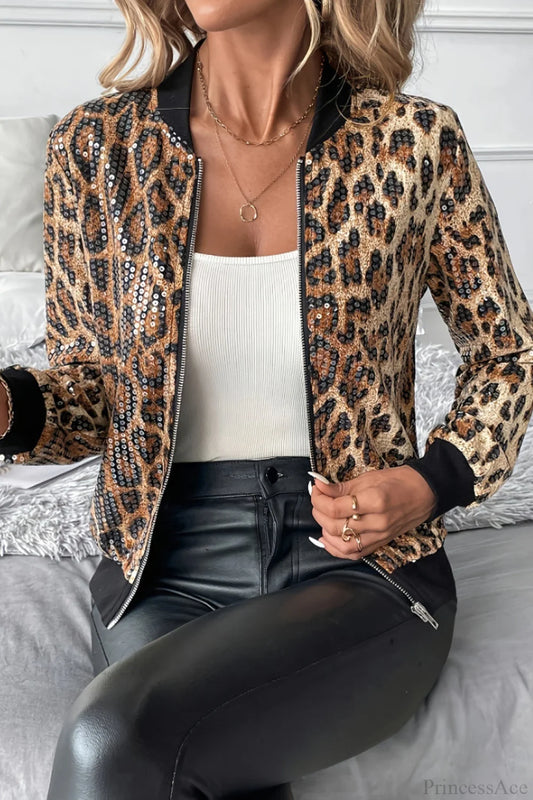Chic Sequin Leopard Print Baseball Short Jacket Leopard print / S