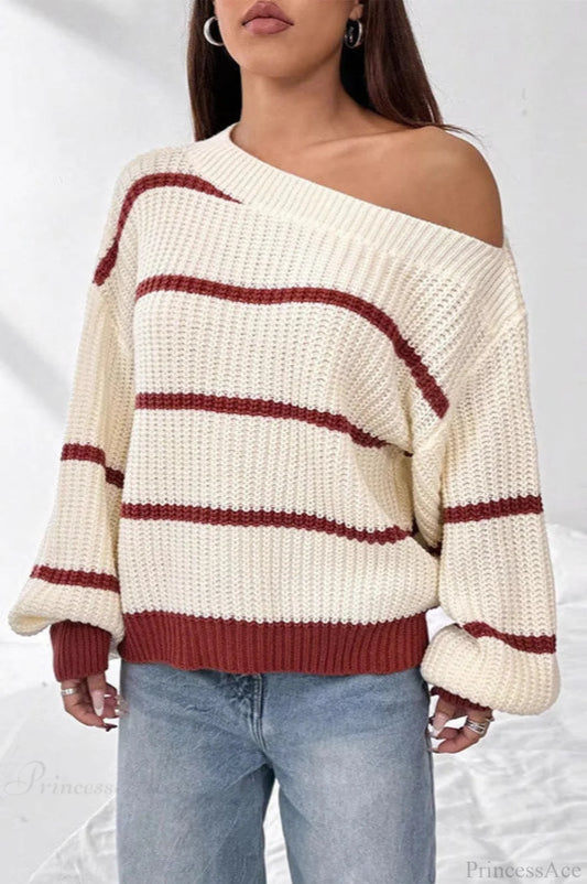 Chic Striped Off Shoulder Lantern Sleeve Knit Sweater