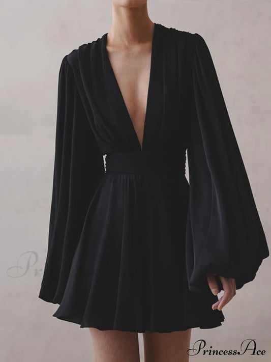 Chiffon Low Cut V-Neck Modern Pleated Zip Mini Dress Black / Xs Dresses