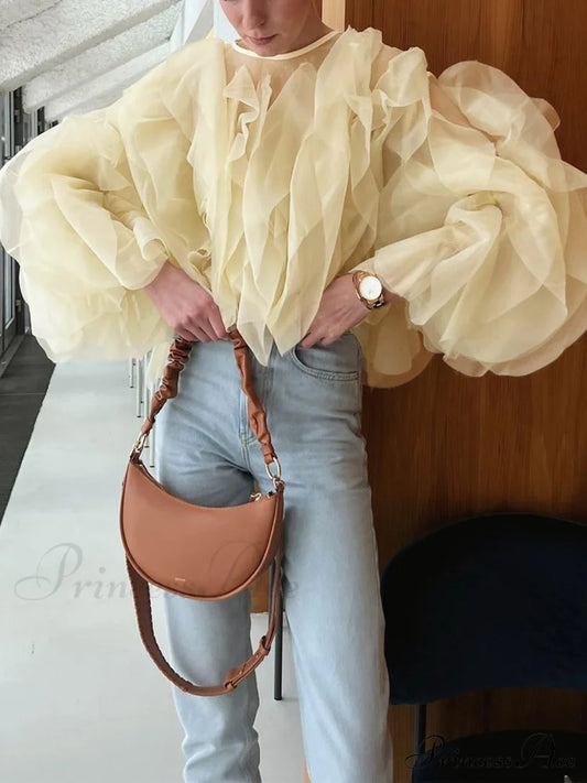 Chiffon Ruffled Graceful Crew Neck Blouse Blouses