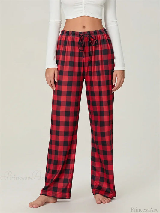 Christmas Plaid Print Lace-Up Elastic Sleep Pant RED / S pant-250223