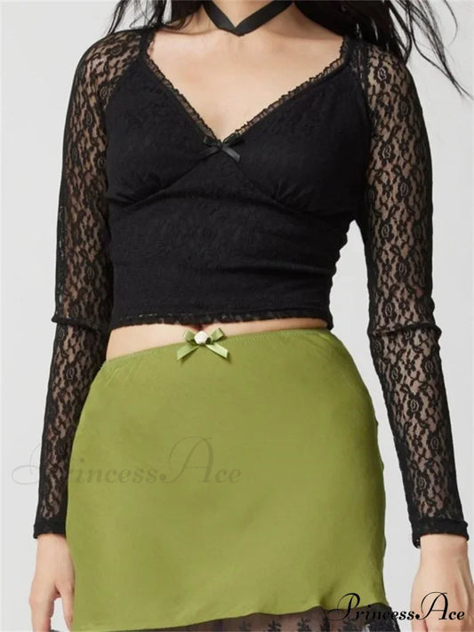 Clubwear V-Neck Black Slim Lace Flower Mesh T-Shirts Black / S