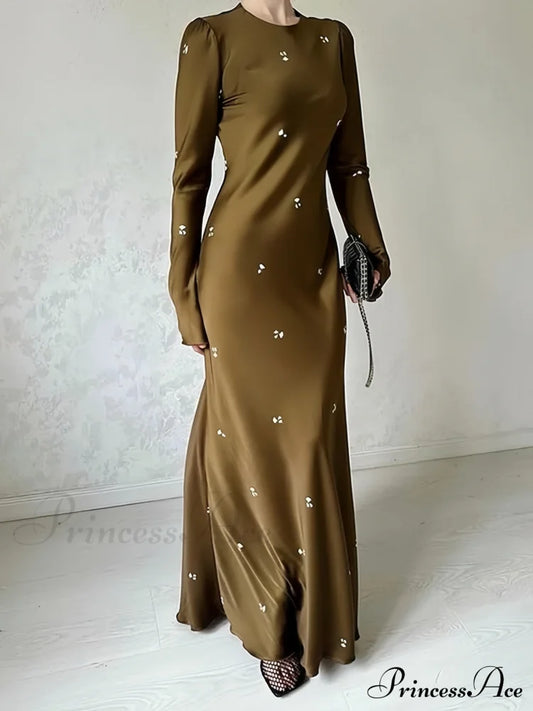 Coffee Print Bodycon Long Sleeve Dress Xs / Green Long Sleeve Evening Dress