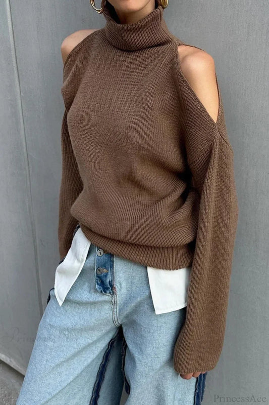 Cold Shoulder Turtleneck Loose Drape Knit Sweater