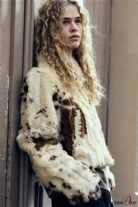 Collared Printed Faux Fur Short Coat