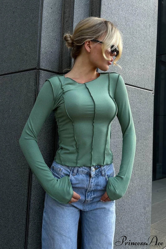 Color Block Ribbed Slim Crew Neck Long Sleeve Tee Green / S