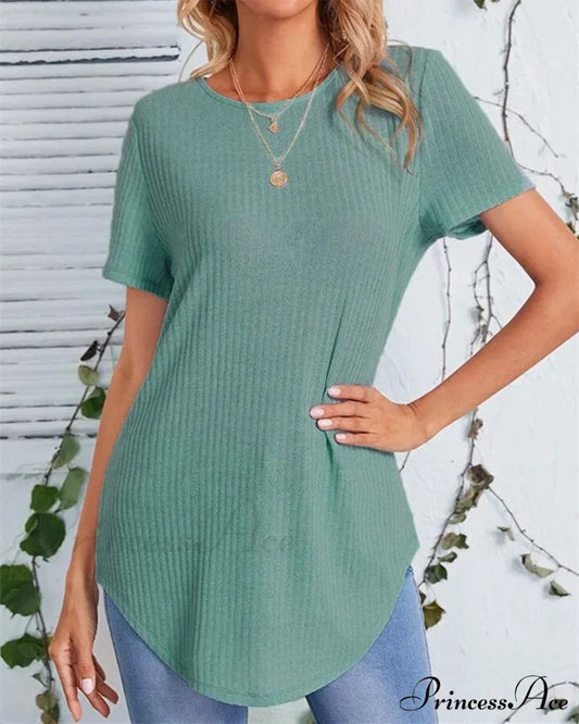 Back single-breasted casual solid color t-shirt Green 23BF clothes Short Sleeve Tops Summer T-shirts Tops/Blouses