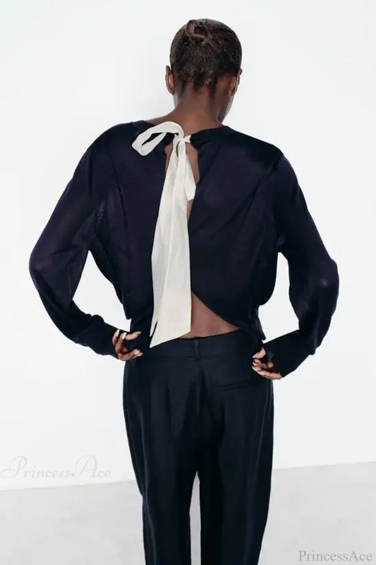 Color Contrasting Bow Bat Sleeve Cardigan Navy Blue / S