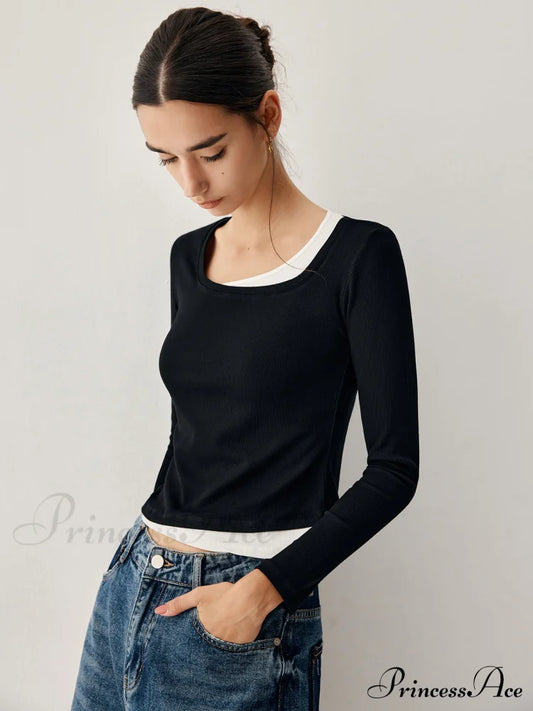 Colorblock Long Graceful Sleeve Crop Shirt T-Shirts