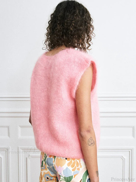 Colorful Furry Button-Up Sleeveless Cardigan Pink / S