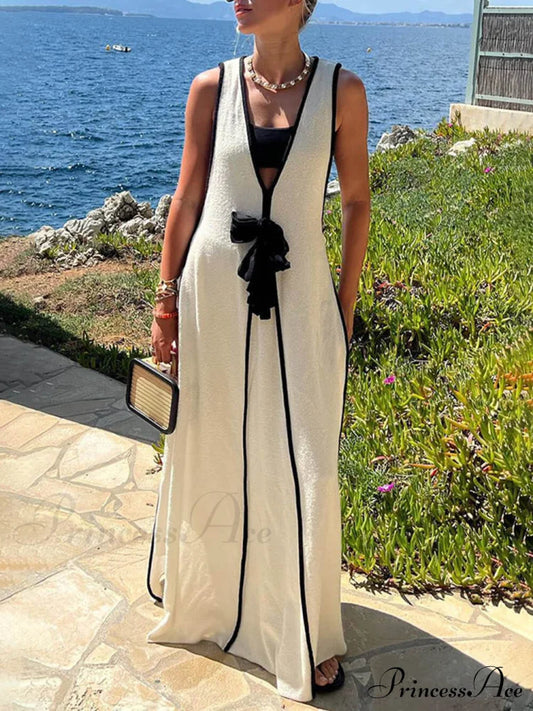 Contrast Color Self-Tie Charming Flowy Oversized Maxi Dress White / S Dresses