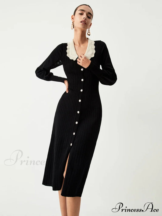 Contrast Eyelet Collar Long Modern Sleeve Midi Sweater Dress Black / Xs Sweaters-L