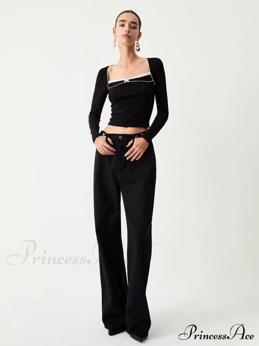 Contrast Trim Lace Trendy Long Sleeve Crop Top T-Shirts